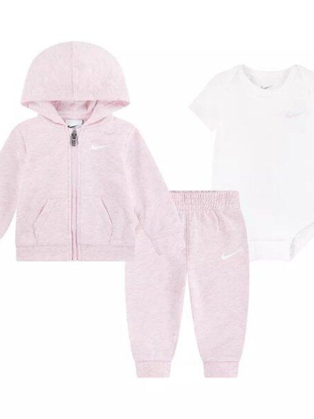 NIKE Baby Girl's Bodysuit Full-zip Hoodie Sweatpants 3-Pc Set 3M Pink Foam NWT